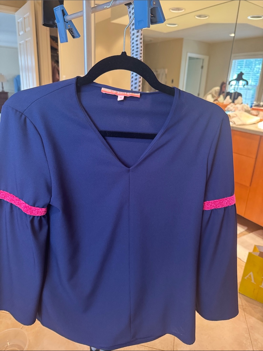 Vilagallo Navy V-Neck Blouse with Pink Sleeve Trim